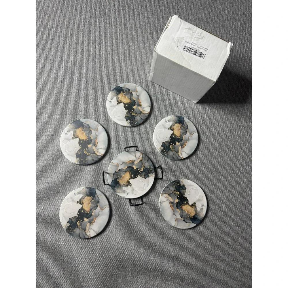 Gray, Blue, Gold Marble Round Coasters With Holder Set Of 6 Absorbs Moisture Set